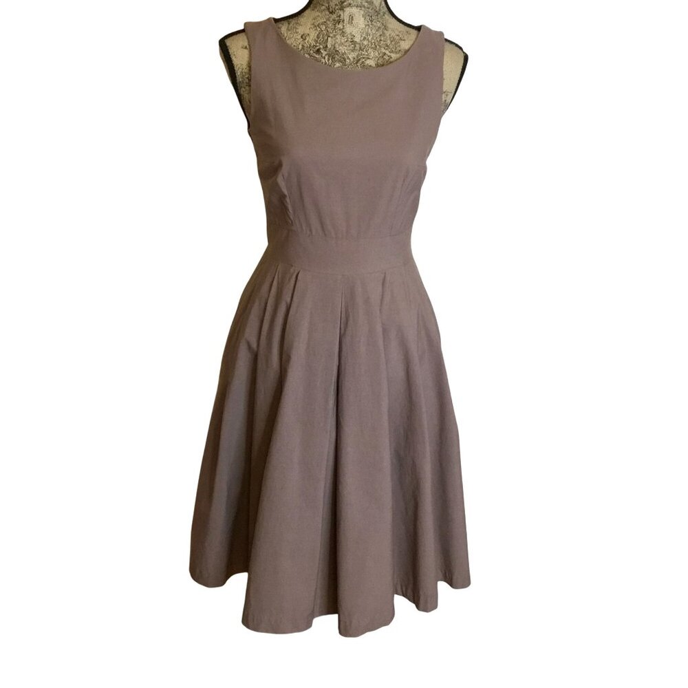H&M Taupe 100% Cotton Sleeveless Fit Flare Midi Dress Lined Pocket 6 Minimalist